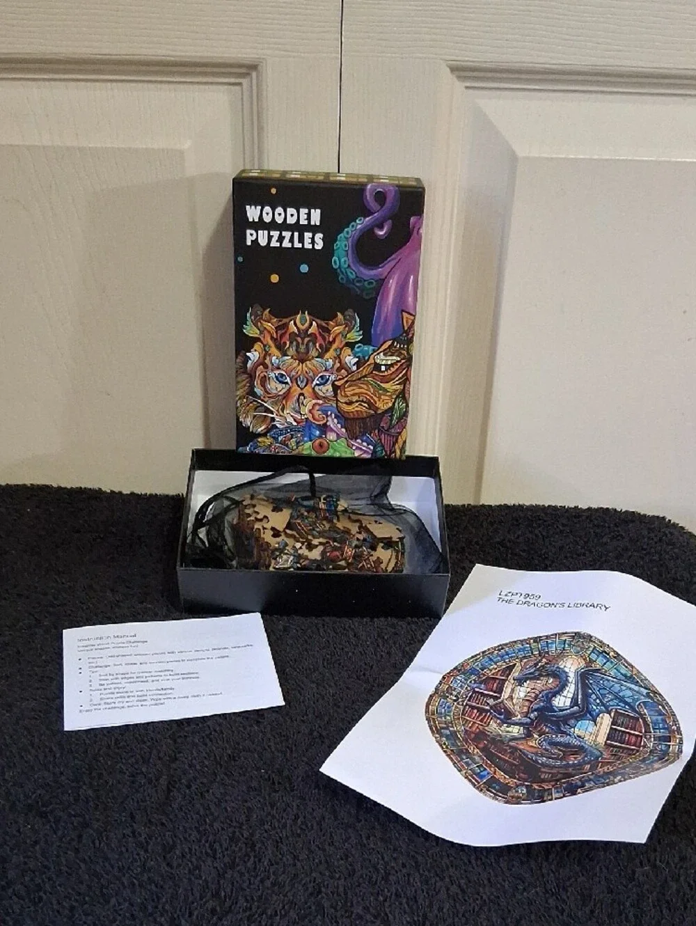 Blue Dragon Round Wooden Jigsaw Puzzle - Fantasy Library Design